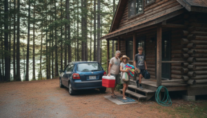 Family arriving at rustic lakeside vacation home
