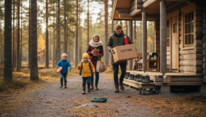 En familie bærer bagasjen sin opp til den nye hytta.