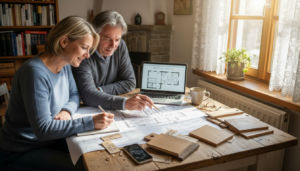Ein Paar schmiedet gemeinsam Pläne für den Bau eines Holzhauses.
