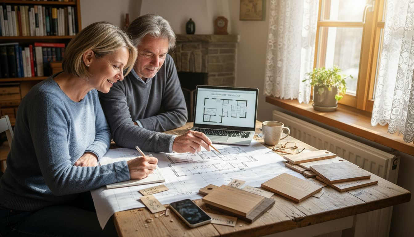 Ein Paar schmiedet gemeinsam Pläne für den Bau eines Holzhauses.