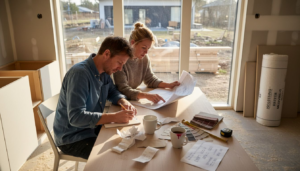 Ett par sitter vid bordet och går igenom ritningarna för sitt nya hus.