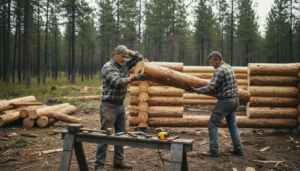Builders assembling log timbers for cabin in forest