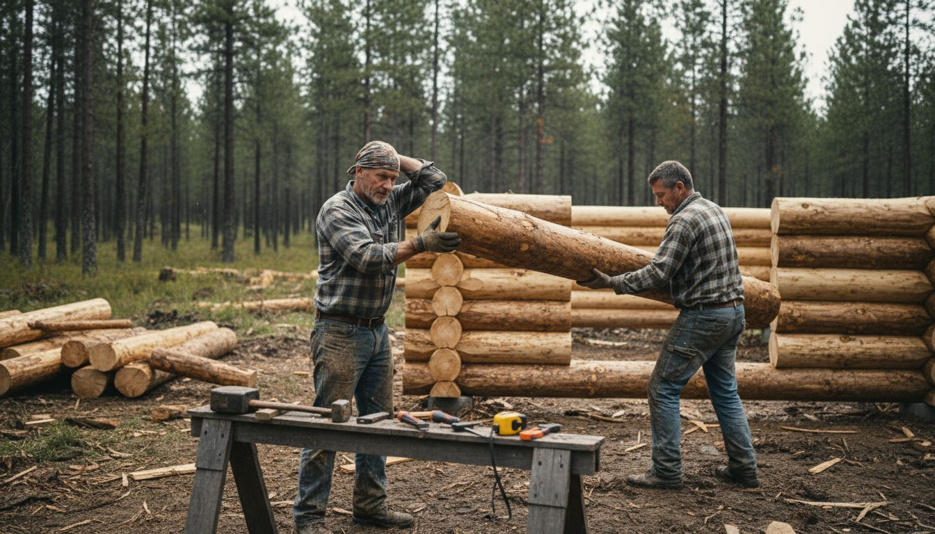 Builders assembling log timbers for cabin in forest
