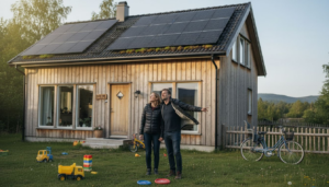 Ett par undersöker solpanelerna på sitt klimatsmarta hus.