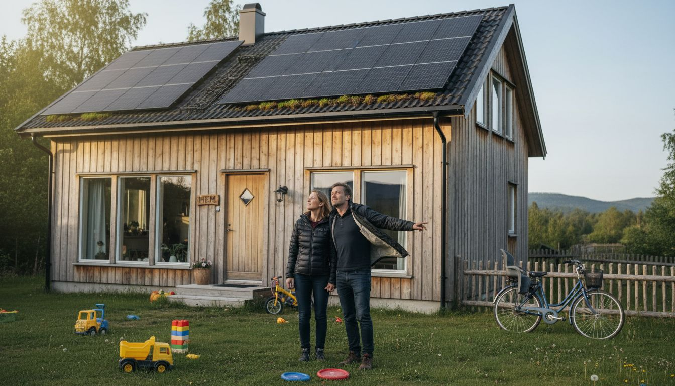 Ett par undersöker solpanelerna på sitt klimatsmarta hus.