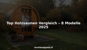 An einem kühlen Herbstmorgen verlässt ein Paar entspannt die gemütliche Holzsauna im eigenen Garten.