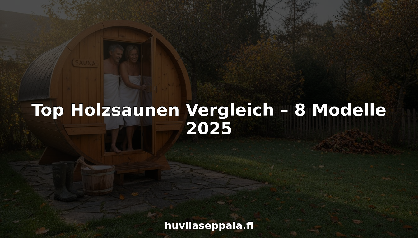 An einem kühlen Herbstmorgen verlässt ein Paar entspannt die gemütliche Holzsauna im eigenen Garten.