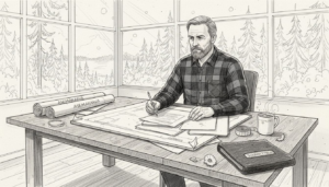 Hirsitalosuunnittelija työn touhussa piirustuspöydän äärellä