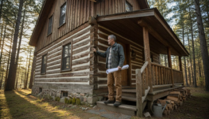 Man inspecting log house energy features