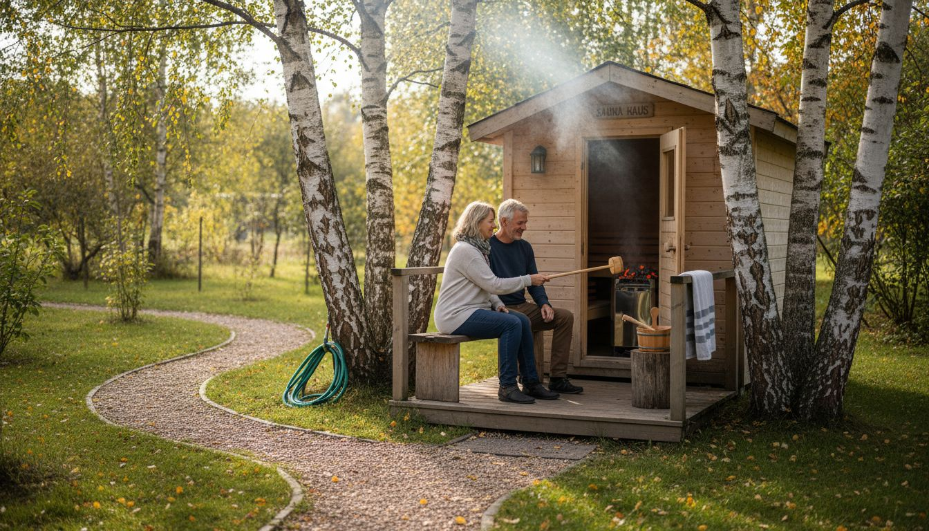 Ein Paar genießt die entspannte Atmosphäre neben dem Gartensauna-Häuschen.