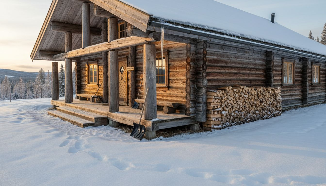 Ett klassiskt trähus i skandinavisk stil badar i vintersolens mjuka ljus.