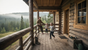 En familie koser seg på verandaen foran en tømmerhytte omgitt av furuskog.