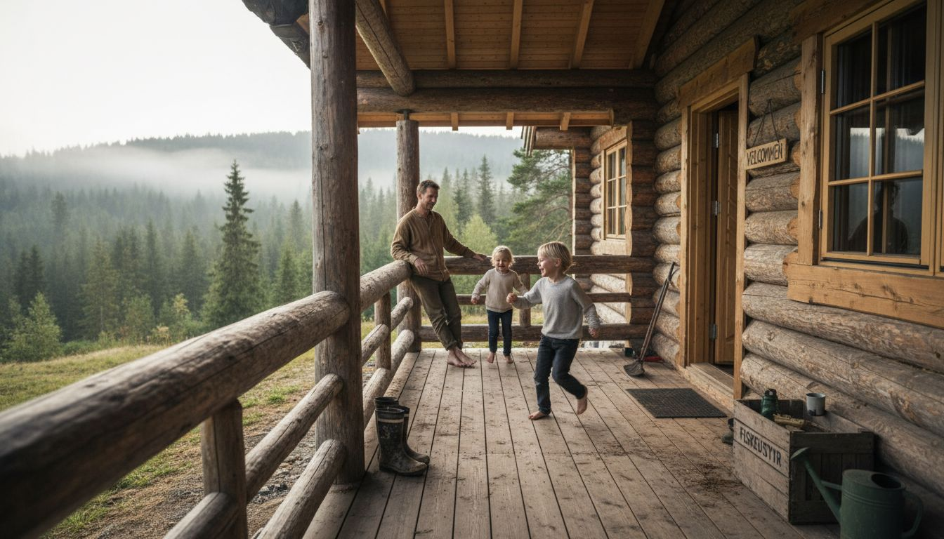 En familie koser seg på verandaen foran en tømmerhytte omgitt av furuskog.