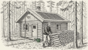 Hirsimökki metsän siimeksessä, katolla aurinkopaneelit tuomassa modernia mukavuutta luonnon rauhaan.