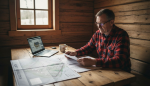 Man sitter i stugan och går igenom bygglovshandlingar