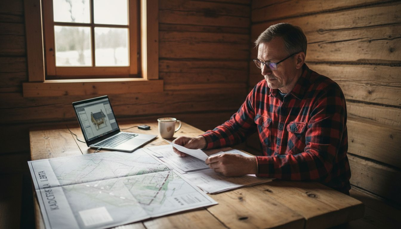 Man sitter i stugan och går igenom bygglovshandlingar