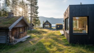 Hyttaer i ulike stilarter plassert i et åpent skogholt