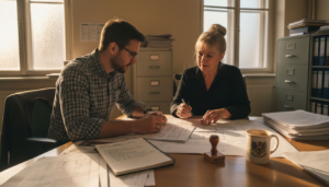 Ein Bauherr informiert sich im Bauamt über die Genehmigung für eine Holzsauna.