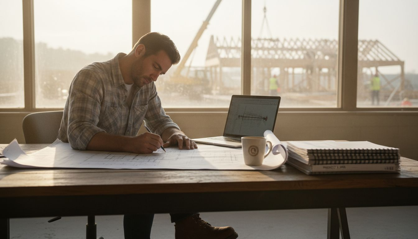 Timber building project manager at desk
