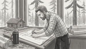 Arkkitehti suunnittelee hirsirakennusta piirustuspöydän ääressä.