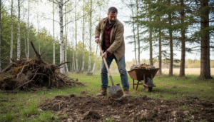 En man röjer marken för att bygga en timmerstuga.