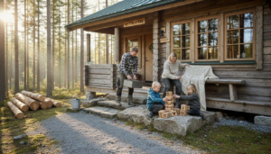En familie samlet utenfor sin nye, spesialbygde tømmerhytte