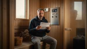 Sauna owner reading energy bill by control panel