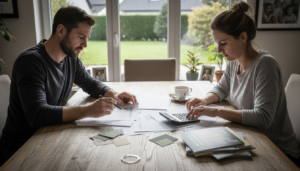 Ein Paar macht sich Gedanken über die Finanzierung ihres geplanten Sauna-Projekts.