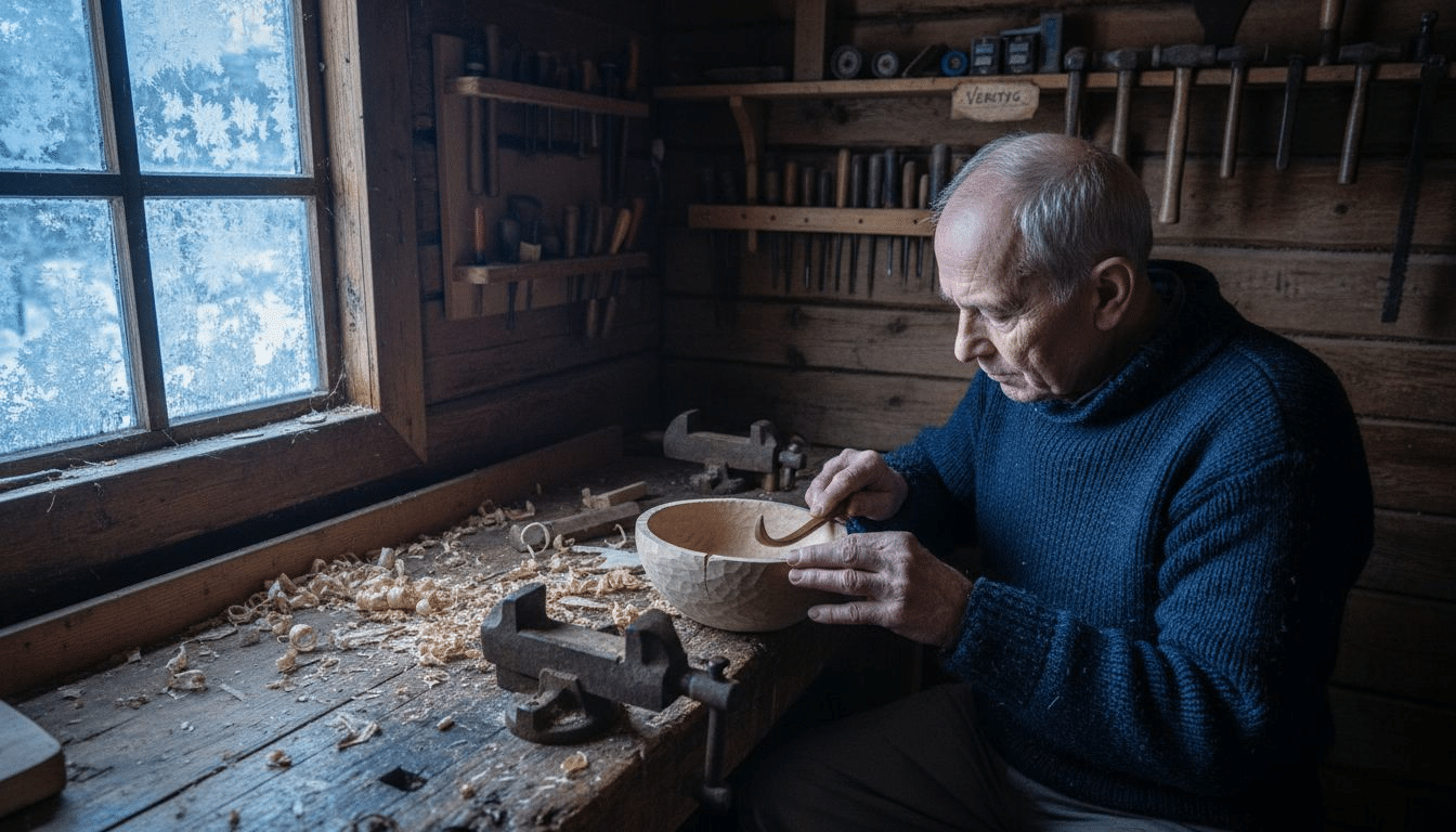 En finsk hantverkare snidar en träskål för hand i sin verkstad.