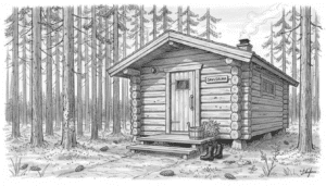 Hirsisauna männikön laidassa, saavi täynnä vettä ja kumisaappaat oven pielessä.