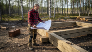En tømrer går grundig gjennom tømmerhytta som er under oppføring.
