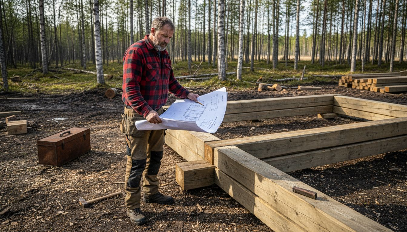 En tømrer går grundig gjennom tømmerhytta som er under oppføring.