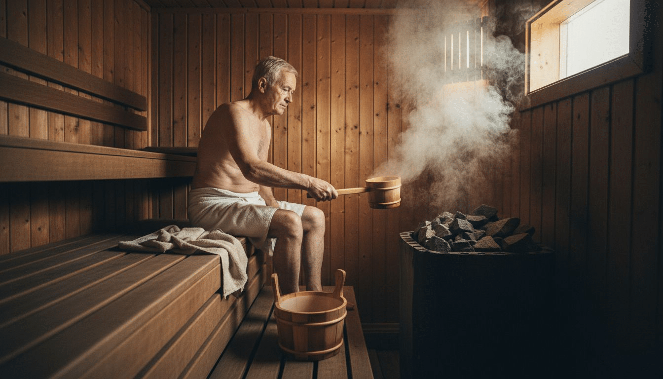 Ein Mann gießt Aufgusswasser auf die heißen Steine in einer traditionellen Holzsauna.