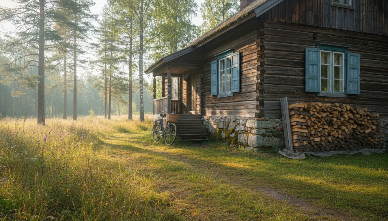 Finnish log house in sunlit forest setting