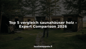 Ein Mann begutachtet und vergleicht fünf verschiedene Saunahäuser im Freien.