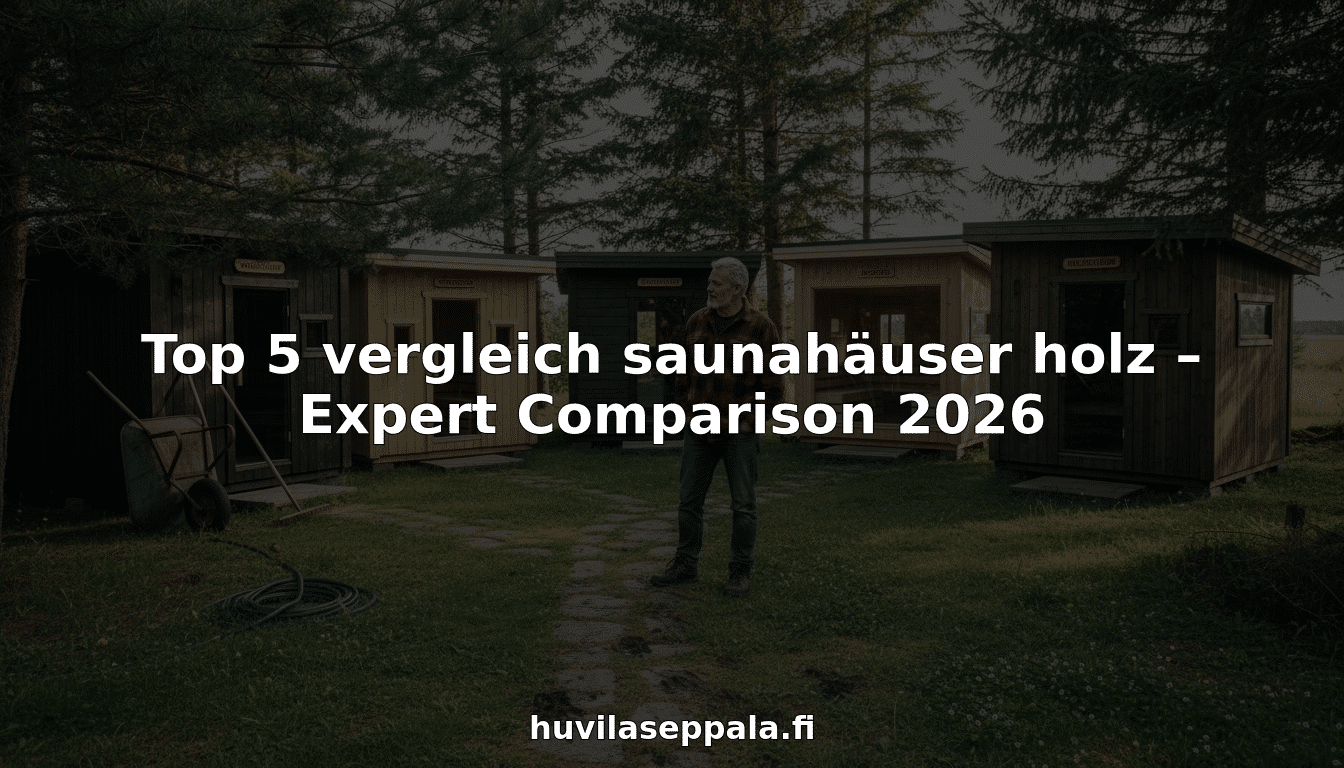 Ein Mann begutachtet und vergleicht fünf verschiedene Saunahäuser im Freien.