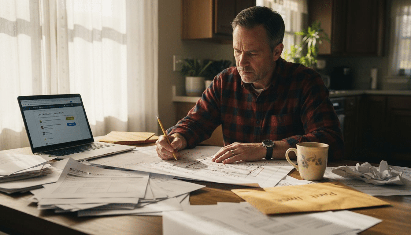 Homeowner reviewing sauna permit documents at desk