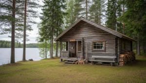Sjarmerende finsk tømmerhytte omgitt av furuskog og med utsikt mot innsjøen