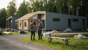 Timmer- och modulhus på en svensk byggarbetsplats