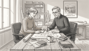 Ryhmällinen ihmisiä kokoontuneena pöydän ympärille suunnittelemassa tulevaa taloa.