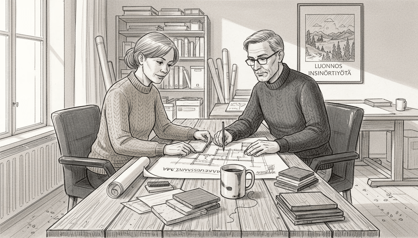 Ryhmällinen ihmisiä kokoontuneena pöydän ympärille suunnittelemassa tulevaa taloa.