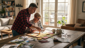 Ein Paar soppt gemeinsam am großen Esstisch den nächsten Urlaub im Ferienhaus.