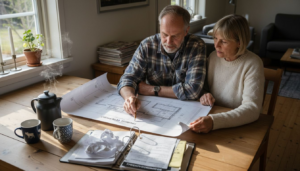 Ett par sitter vid köksbordet och går igenom bygglovsansökan för sitt nya trähus.