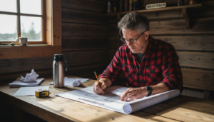 En arkitekt sitter i en koselig tømmerhytte og går nøye gjennom tegningene til det neste prosjektet sitt.