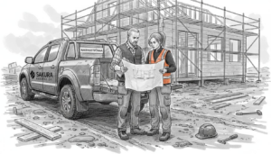 Työmaan työnjohtajat käyvät läpi papereita pihalla.