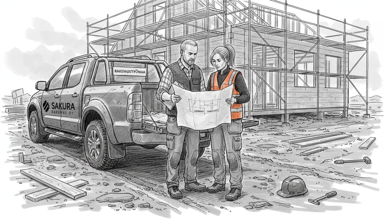 Työmaan työnjohtajat käyvät läpi papereita pihalla.