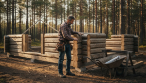 Builder inspecting Finnish timber at cottage site