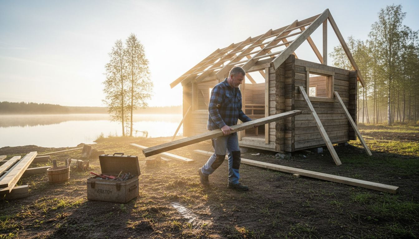 En mann er i full gang med å sette opp en badstue i tømmer ved vannkanten.