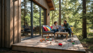 Gemütliches Ferienhaus aus Holz – entspannte Stunden mit der Familie auf der Terrasse, mitten im Grünen und umgeben von Wald.