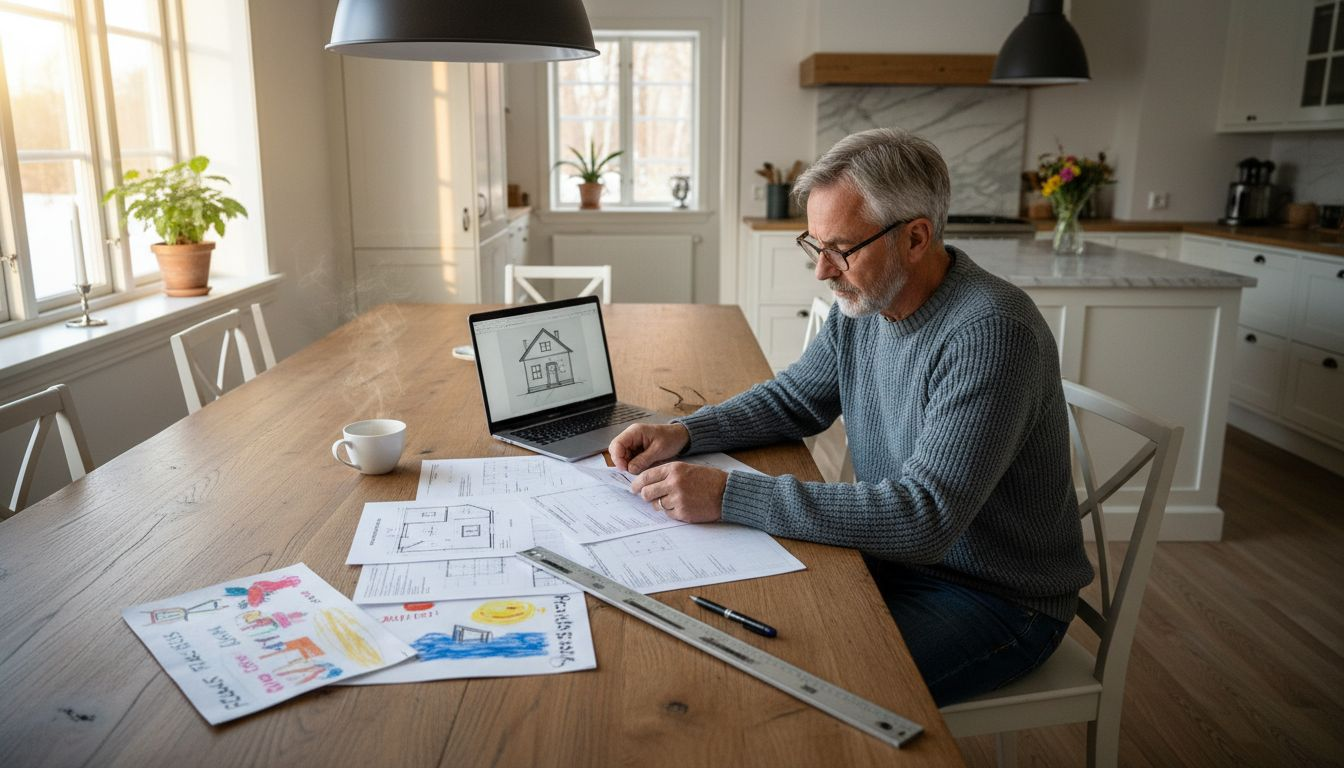 Man sitter vid köksbordet och går igenom bygglovshandlingarna bland papper och dokument.